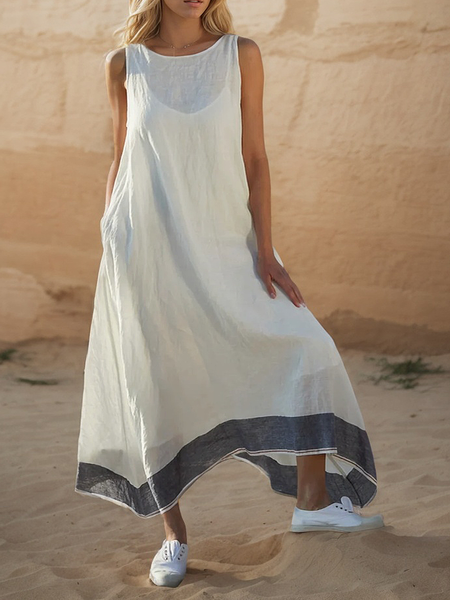 

Vacation Color Block linen-cotton Maxi Dress, Off white, Maxi Dresses