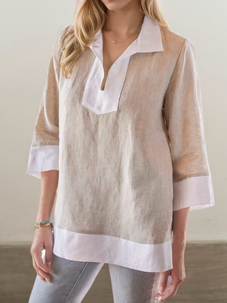 

Linen Casual Color Block linen-cotton Blouse, As picture, Blouses & Shirts