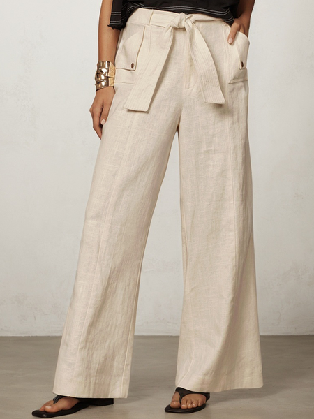 

Casual Plain Pocket Stitching linen-cotton Straight Pants Belt, Apricot, Pants