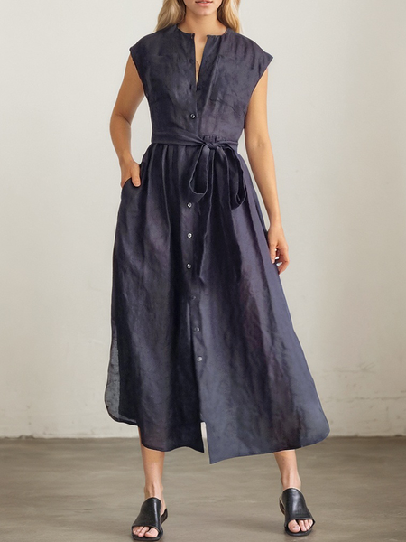 

Urban Plain linen-cotton Maxi Dress Belt, Deep gray, Maxi Dresses