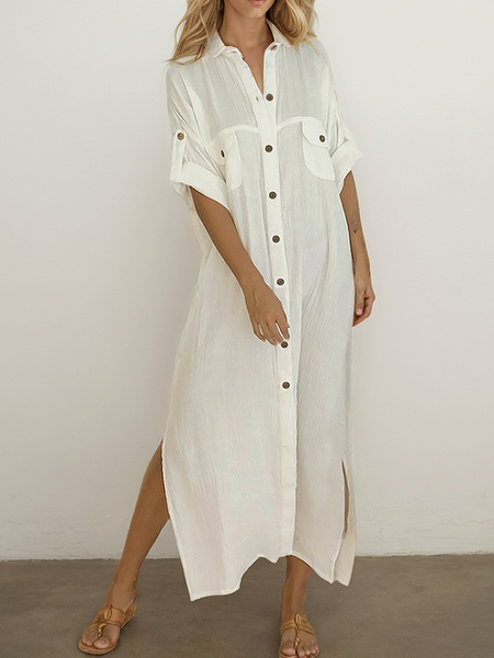 Casual Plain Shirt Collar linen-cotton Maxi Dress, Off white, Maxi Dresses