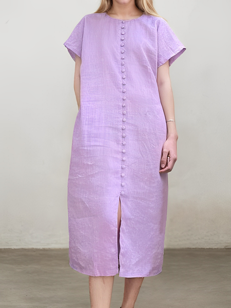 Casual Plain linen-cotton Midi Dress, Purple, Maxi Dresses