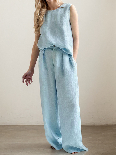Casual Plain linen-cotton Two-Piece Set, Light blue, Suits
