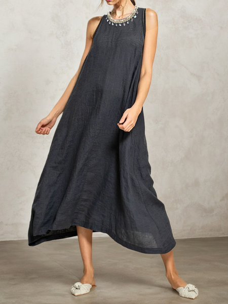 

Vacation Plain linen-cotton Maxi Dress, Black, Maxi Dresses