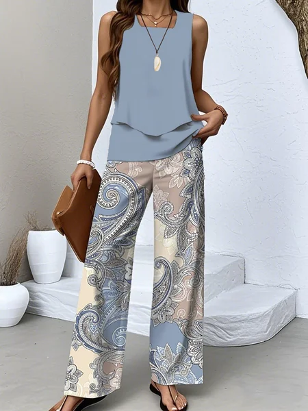 

Women Paisley Two-Piece Set Daily Sleeveless Casual Summer Top With Pants Matching Set, Blue, Suit Set