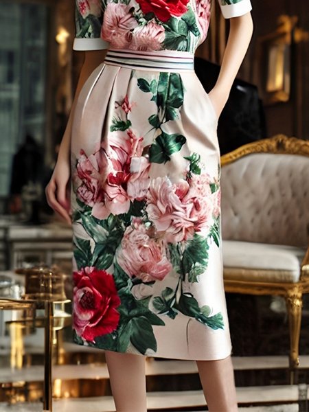 Elegant Printing Floral Midi Skirt, Pink, Skirts