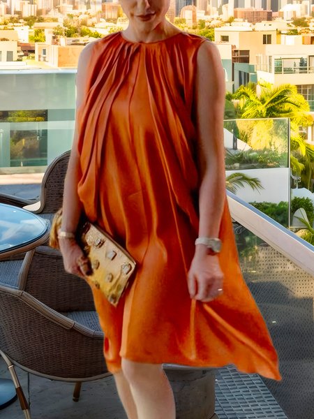 Elegant Plain Satin Crew Neck Knee Length Dress, Orange, Midi Dresses