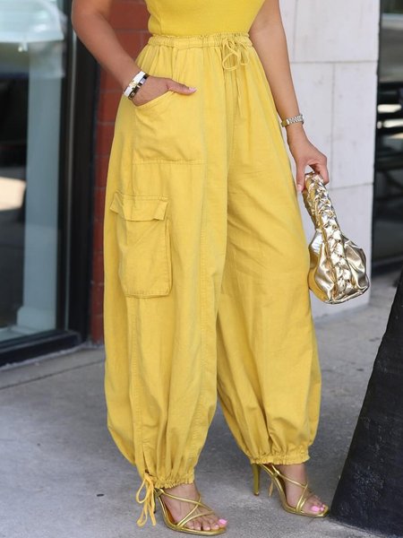 

Casual Plain Pockets Cargo Pants, Yellow, Pants