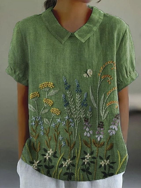 

Women Floral Short Sleeve Shirt Summer Printing Shawl Collar Daily Casual Top, Green, Shirts