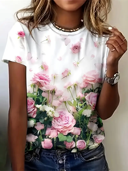 

Women Floral Short Sleeve Tee T-shirt Crew Neck Printing Casual Summer Graphic Tee Top, White, T-Shirts