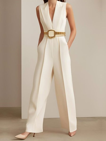 Urban Plain Lapel Collar Jumpsuit No Belt, White, Jumpsuits