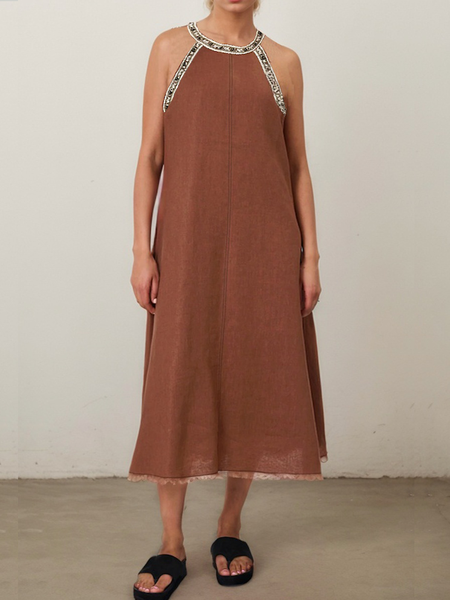 Vacation Plain Halter linen-cotton Midi Dress, Brown, Maxi Dresses