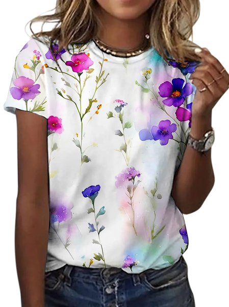 

Casual Floral Crew Neck Short Sleeve T-shirt, White, T-shirts