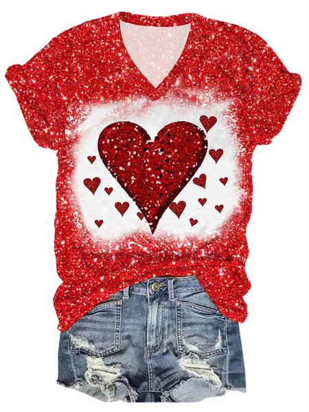 

Women's Short Sleeve Tee T-shirt Summer Heart/Cordate Printing V Neck Casual Top Graphic Tee, Red, T-Shirts