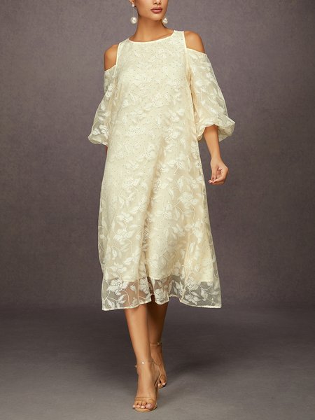 

Elegant Lace-Up Embroidered Jacquard Maxi Dress, Apricot, Midi Dresses