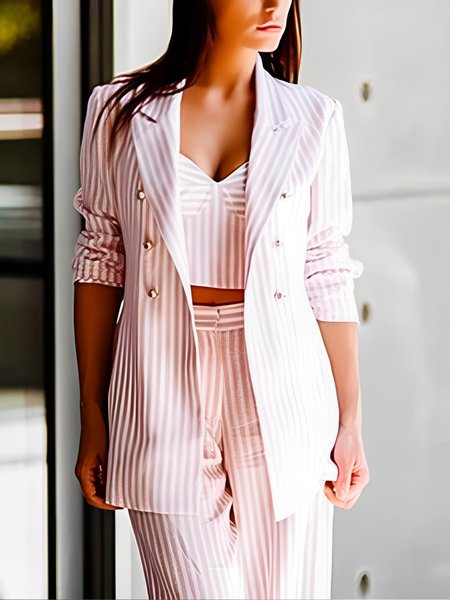 

Urban Printing Striped Lapel Collar Blazer With Tube Top, Pink, Blazers
