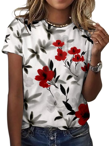 

Casual Floral Crew Neck Short Sleeve T-shirt, White, T-shirts