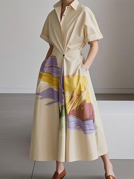 

Urban Floral Printing Shirt Collar Midi Dress, As picture, Midi Dresses