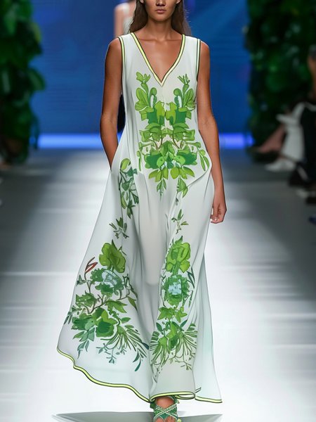 

Vacation Floral Printing Loosen V Neck Maxi Dress, Green, Maxi Dresses