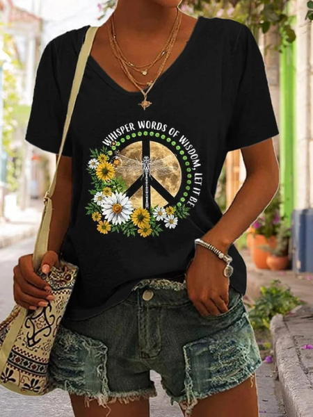 

Casual Geometric V Neck Short Sleeve T-shirt, Black, T-shirts