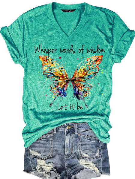 

Casual Butterfly V Neck Short Sleeve T-shirt, Green, T-shirts