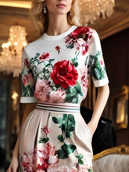 

Elegant Floral Printing Crew Neck T-shirt, Pink-white, Tees