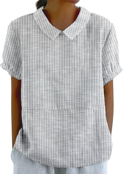 Shawl Collar Half Sleeve Plaid Regular Loose Blouse For Women, Light gray, Blouses