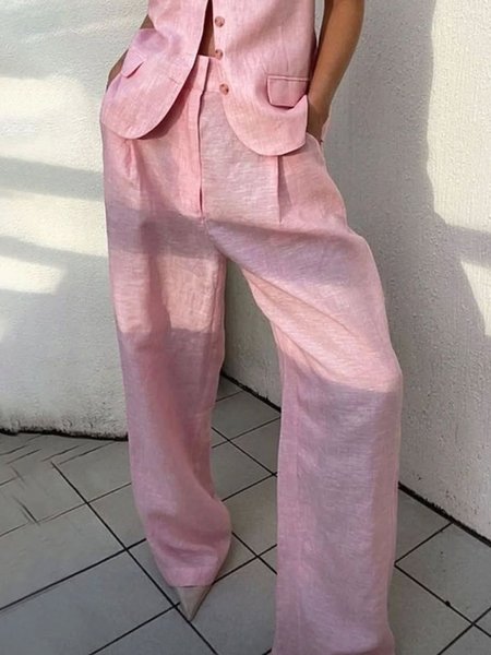 Urban Plain Cotton And Linen Straight Pants, Pink, Pants