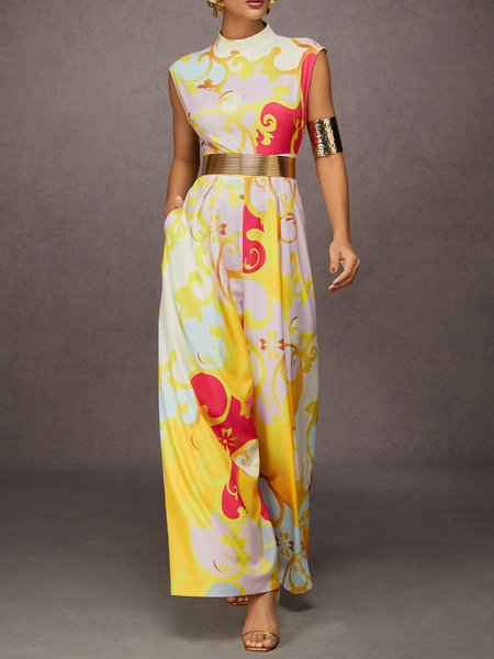 

Elegant Floral Stand Collar Wide-Leg Tank Jumpsuit No Belt, As picture, Jumpsuits