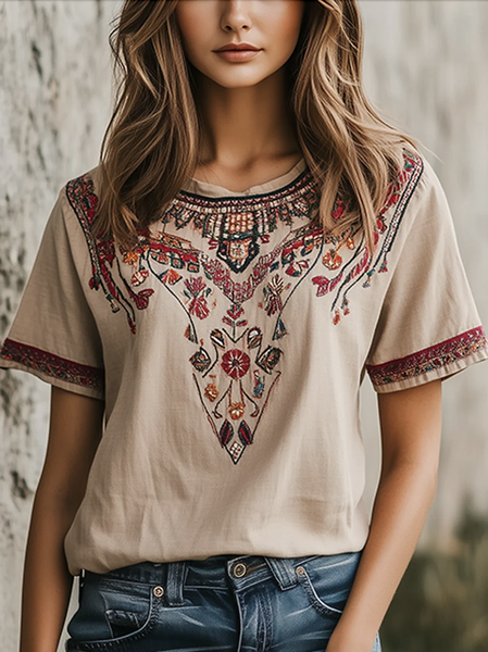 

Casual Floral Crew Neck Short Sleeve T-shirt, Khaki, T-shirts