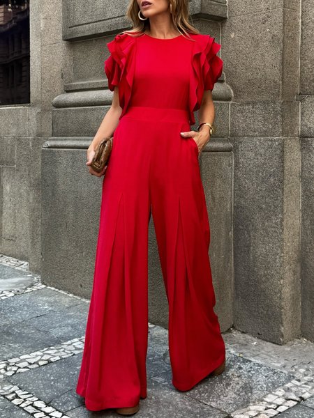 

Elegant Ruffle Sleeve Peplum Plain Crew Neck Jumpsuit, Red, Jumpsuits