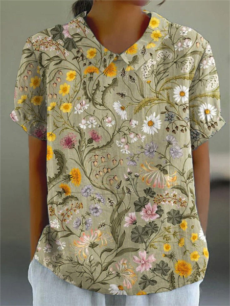 

Women Floral Short Sleeve Shirt Summer Printing Shawl Collar Daily Casual Top, Green, Shirts