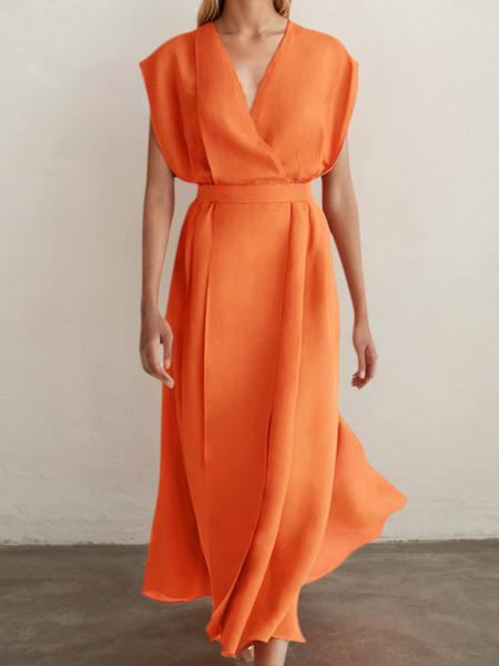 Elegant Plain linen-cotton Maxi Dress, Orange, Maxi Dresses