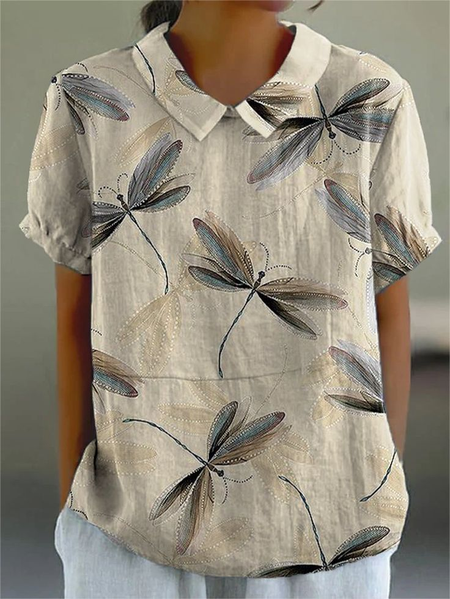 

Women Dragonfly Short Sleeve Shirt Summer Printing Shawl Collar Daily Casual Top, Apricot, Shirts
