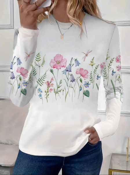 

Women Floral Long Sleeve Tee T-shirt Crew Neck Printing Casual Spring/Fall Graphic Tee Top, White, T-Shirts