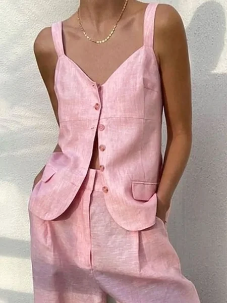 

Cotton And Linen Casual Plain Buttoned V Neck Tank Top, Pink, Tanks and Camis