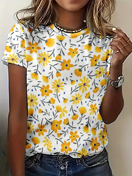 Women Floral Short Sleeve Tee T-shirt Crew Neck Printing Casual Summer Graphic Tee Top, Yellow, T-Shirts