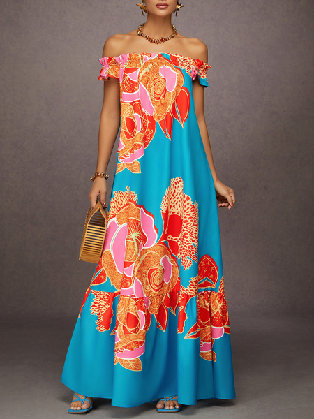 

Vacation Floral Printing Breeze Off-Shoulder Maxi Dress, As picture, Maxi Dresses