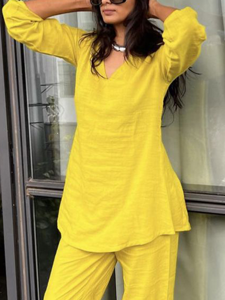 

Linen Blend Casual Plain V Neck Blouse, Yellow, Blouses and Shirts