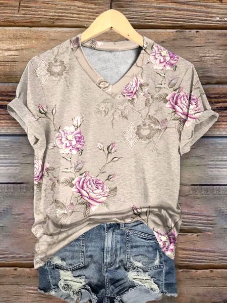 

Casual Floral V Neck Short Sleeve T-shirt, Apricot, T-shirts