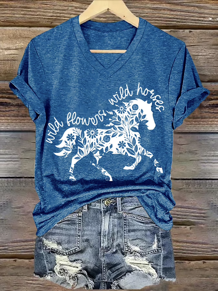 

Casual Floral V Neck Short Sleeve T-shirt, Light blue, T-shirts