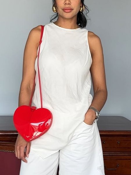 Jersey Casual Plain Irregular Craftsmanship Crew Neck Tank Top, White, Tanks and Camis