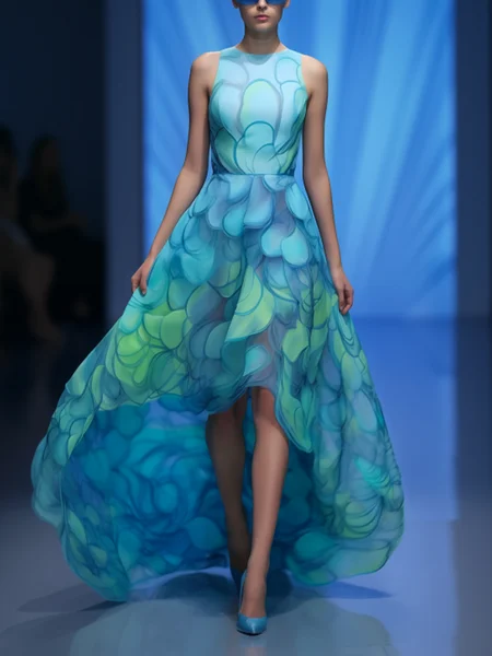 

Abstract Print Irregular Craftsmanship Maxi Dress for Resort & Refined Gatherings, Blue, Maxi Dresses