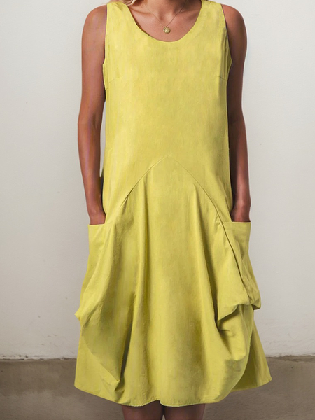 

Casual Plain Pocket Stitching linen-cotton Mini Dress, Yellow, Midi Dresses