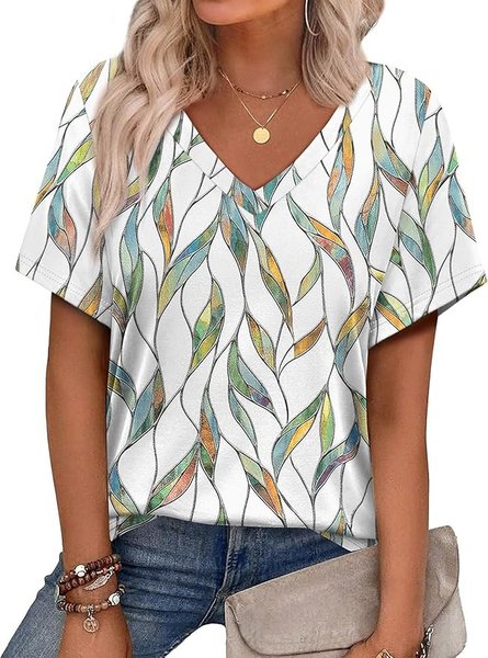 

Casual Geometric V Neck Short Sleeve T-shirt, White, T-shirts