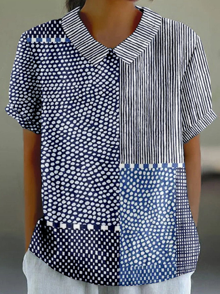 

Vintage Striped Shawl Collar Short Sleeve T-shirt, Blue, Blouses