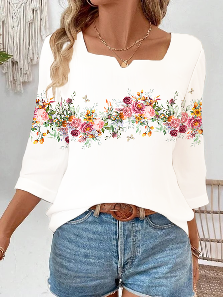 

Women Floral Three Quarter Sleeve Blouse Spring/Fall Printing Notched Daily Casual Top, White, Blouses