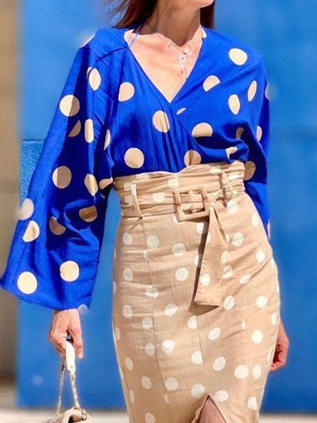 

Urban Polka Dots Printing V Neck Blouse, Blue, Blouses and Shirts