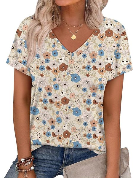 

Casual Floral V Neck Short Sleeve T-shirt, Khaki, T-shirts