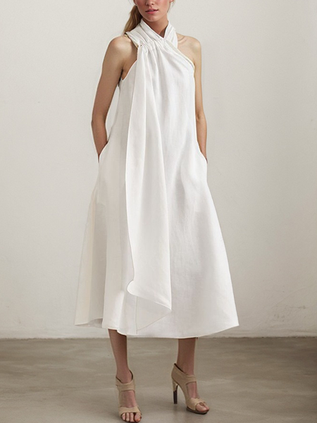 

Vacation Plain Halter linen-cotton Midi Dress, Off white, Maxi Dresses